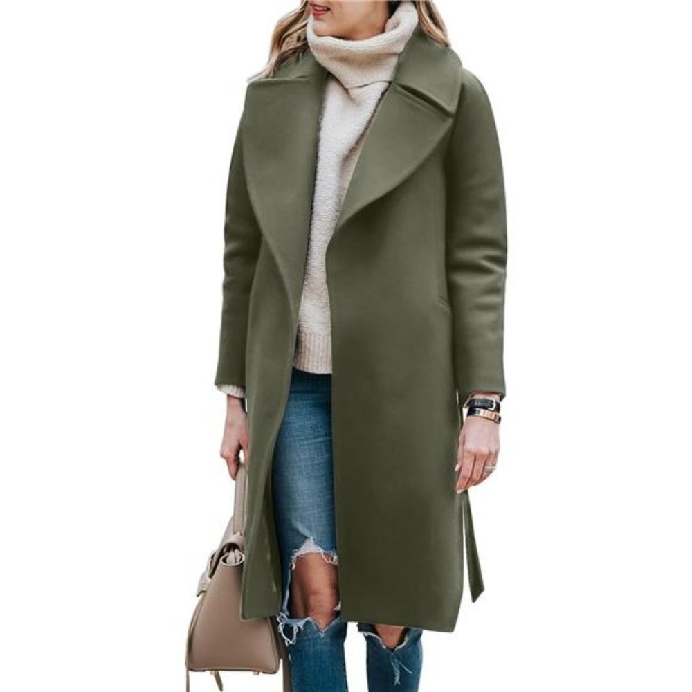 Women's Long Wool Blend Pea Coat Notched Lapel Collar Trench Coat Belted Jacket